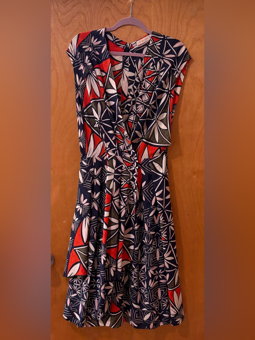 Navy Geometric Print Wrap Dress with Red & White Accents